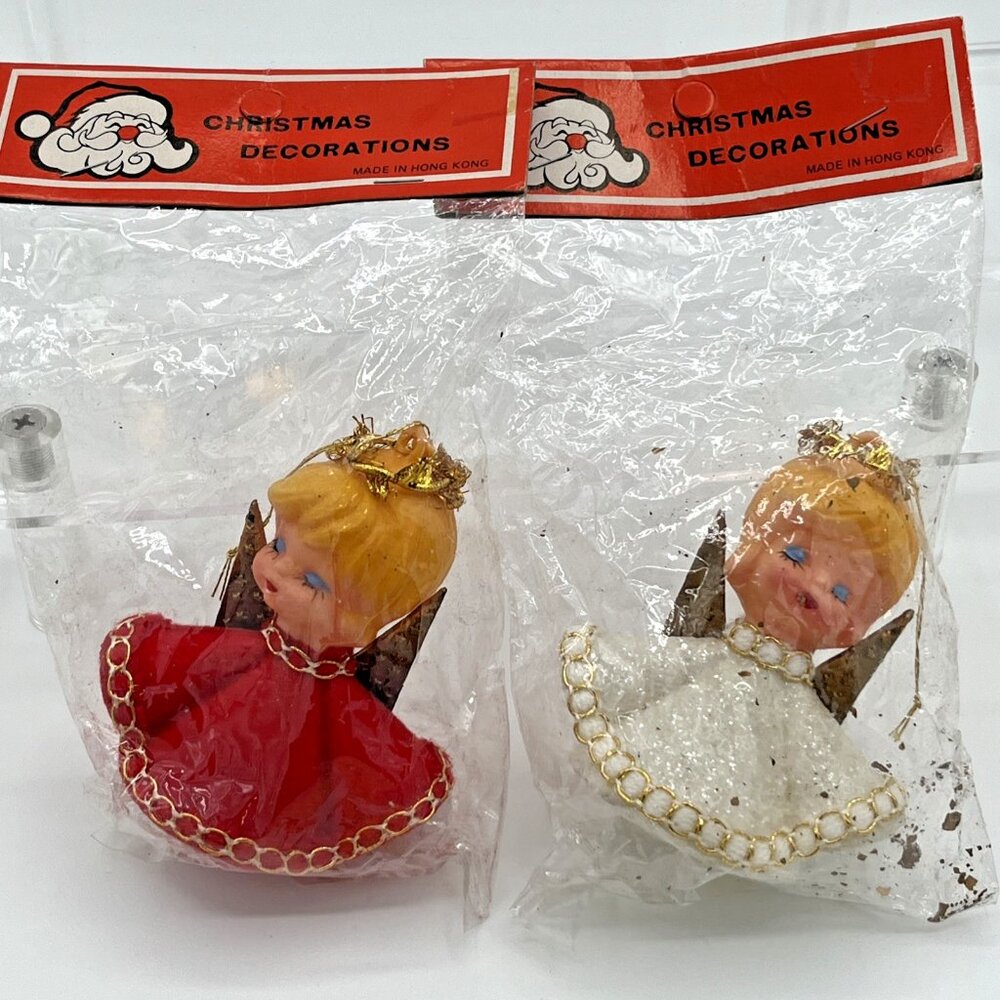 Vintage 3" Angel Blow Mold Ornament w/‎ Wings Hong Kong Original Package flocked